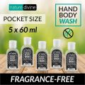Pack of 5 Nature Divine Pocket and Travel Size Antibacterial, Unscented, Fragrance-free, Hand Wash, Body Wash Liquid for Hajj, Umrah and Sensitive Skin 60 ml. 