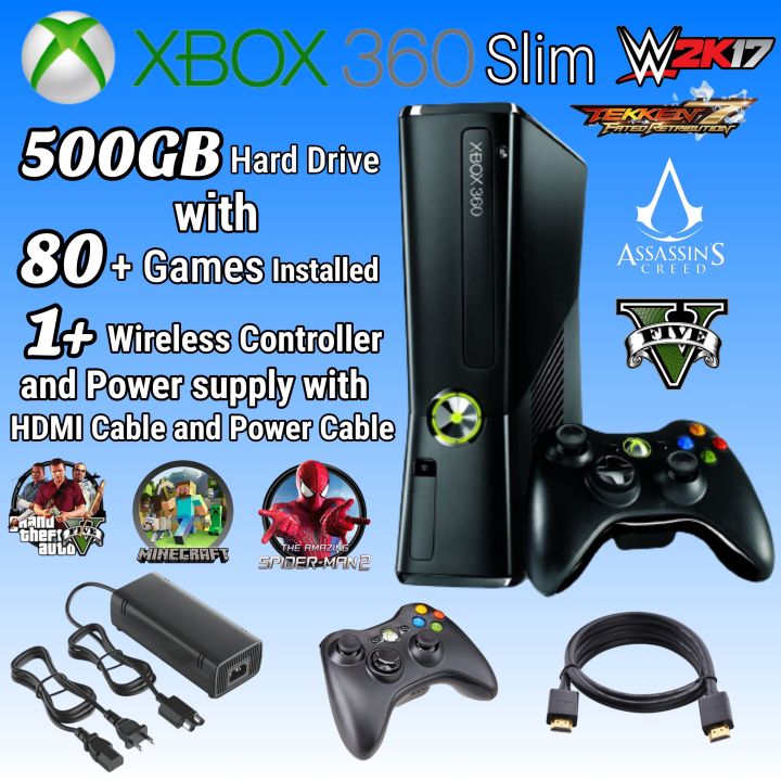 Xbox 360 Slim Console 500GB Hard Drive 80 Games installed 1 Wireless Controller