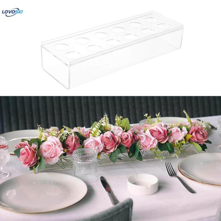 Acrylic Flower Vase Clear Vase Rectangular Low Flowers Container Modern Vase for Table Vase for Dining Table Office Decoration , 12 Holes