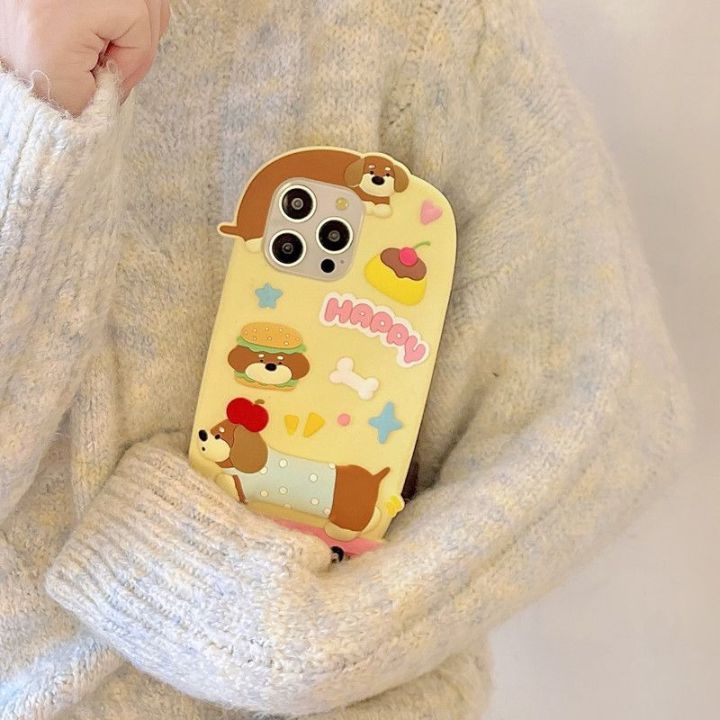 100% New Celebrity Trend+In Stock+COD Milk Yellow Cute Sausage Dog Cartoon Suitable for 13 Phone Cases iPhone 16 Promax New 15 Pro All Inclusive 12 Silicone 14 Anti Drop Cover 14 Pro Creative Niche 15 Women 16 Stereoscopic