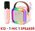K12 Wireless Mic With Speaker  Dancing Light Karaoke Mic  - Single / Double RGB 7 ColourWith Portable Bluetooth Microphone For Recording With Speaker For Music - 3 in 1 USB / AUX / SD Card Slot Karaoke Handheld Microphone - Black, Blue & Pink Colours. 