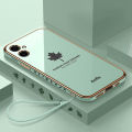 For Samsung Galaxy A06 Back Cover with Lanyard Luxury 6D Plating Maple Leaf Shiny Girls Phone Case Square Frame Soft TPU Silicone Full Camera Protective Cases Pouch. 