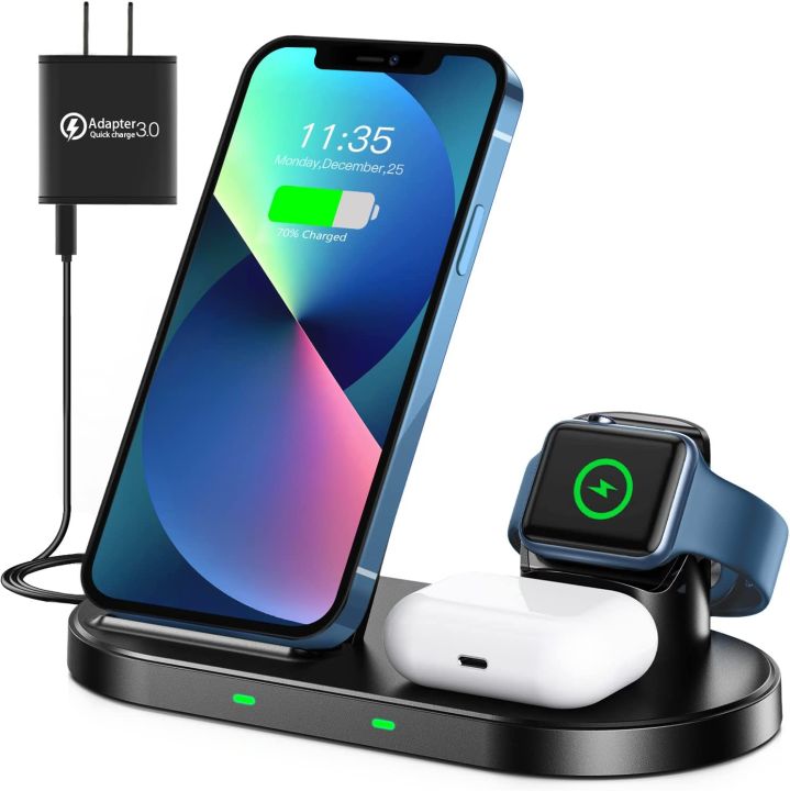 WAITIEE Wireless Charger -3 in 1 15W Fast Charging Station for i-Phone 14/13/12/11 Series/XS/Max/XR/XS/X/8 Plus/Galaxy and iWatch SE/6/5/4/3/2 & (No Watch Charging Cable)