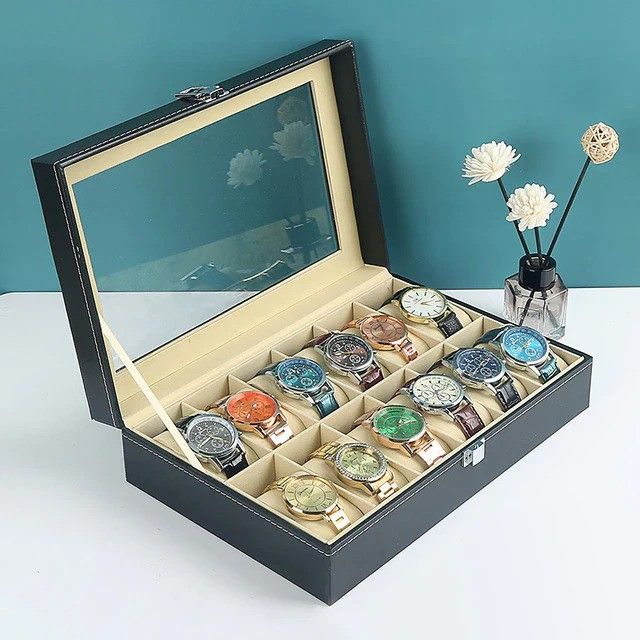 Watch Storage Box for Men PU Leather Watch Organizer Display Storage Style Black 6/10/12 Slots