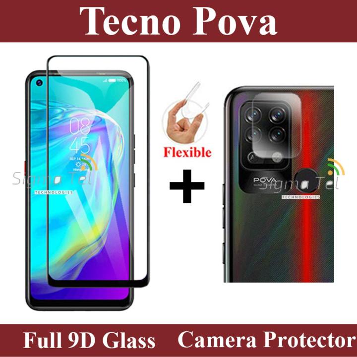 Tecno POVA Full Black 9D10D11D21D5D6D Tempered Glass Edge to Edge Full Glue Screen Protector + Back Camera 9H Gorilla Flexible Protector For Tecno POVA