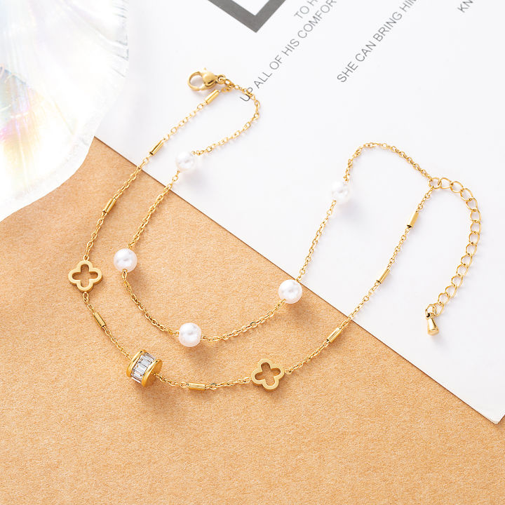 SAKURA 1 set of movable gemstone ring women's anklet stainless steel gold-plated layered chain anklet
