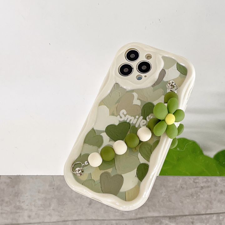 Sroof For iPhone 15 14 Plus 13 12 11 Pro XS Max X XR Korean trendy Cream Edge Fresh Green Oil Painting Love Smiling Face Painting Premium Flowers Soft Phone Case Back Cover