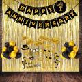 Happy Anniversary Gold & Black Decoration Set With Banner Curtain & Balloons. 
