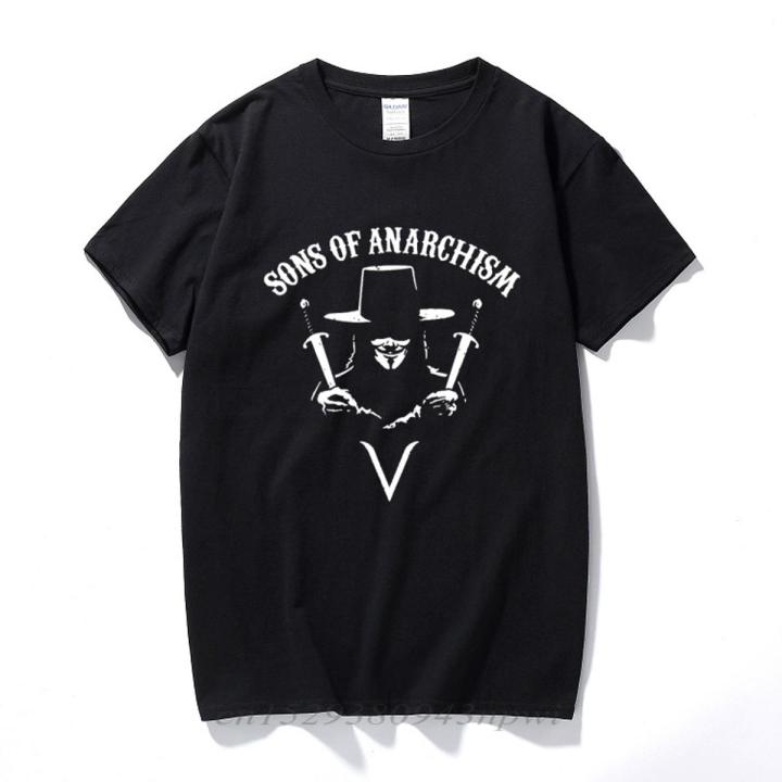 V for Vendetta T Shirt Sons of Anarchism Anarchy Anonymous 4chan Hacktivism Cotton Short Sleeve T-shirt Tops Camiseta Hombre