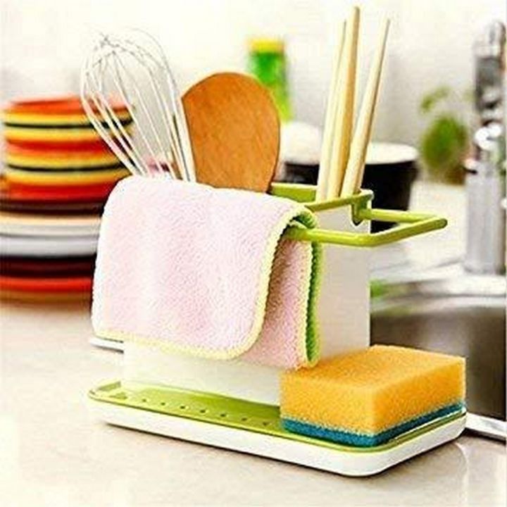 3 in 1 Kitchen Sink Organizer Stand Sink Draining Holder Towel Rack Storage Box (for Dishwasher Liquid, Brush, Cloth, Soap, Sponge)