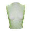 Ladies Mesh Midriff-baring Tops, Women Leisure Style Rhinestone Decoration Round Collar Sleeveless Hollow Perspective Tank Top. 