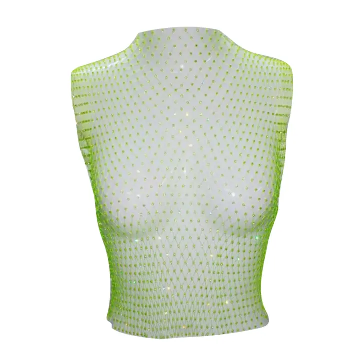 Ladies%20Mesh%20Midriff-baring%20Tops,%20Women%20Leisure%20Style%20Rhinestone%20Decoration%20Round%20Collar%20Sleeveless%20Hollow%20Perspective%20Tank%20Top%20-%20Image%202