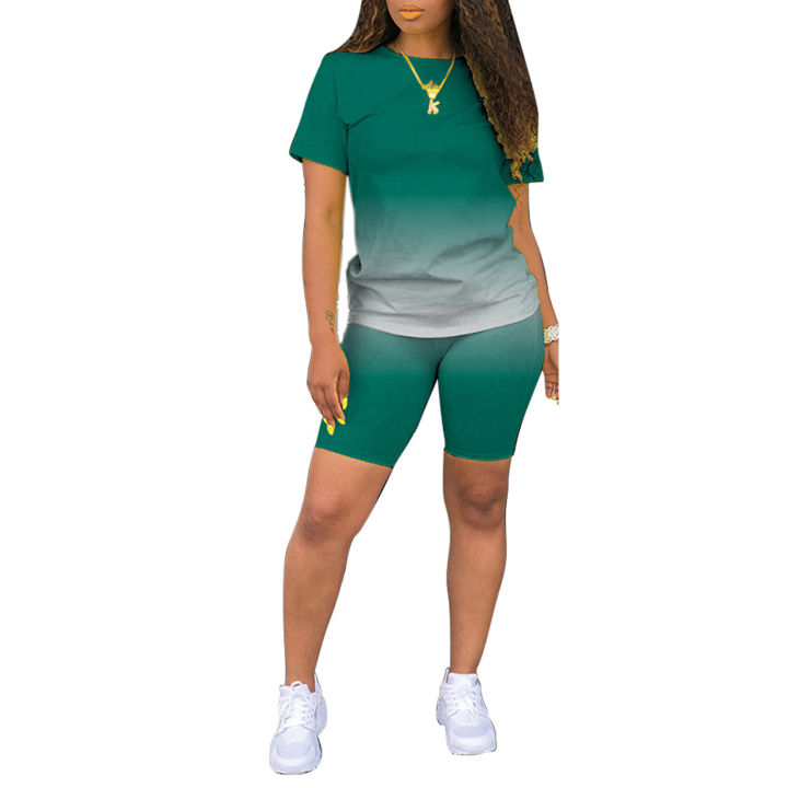 Women%E2%80%99s%20Short%20Sleeve%20T-shirt%20Shorts%20Suit%20Fashion%20Gradient%20Solid%20Color%20Pullover%20Top%20and%20Tight%20High-waist%20Pants%20-%20Image%203