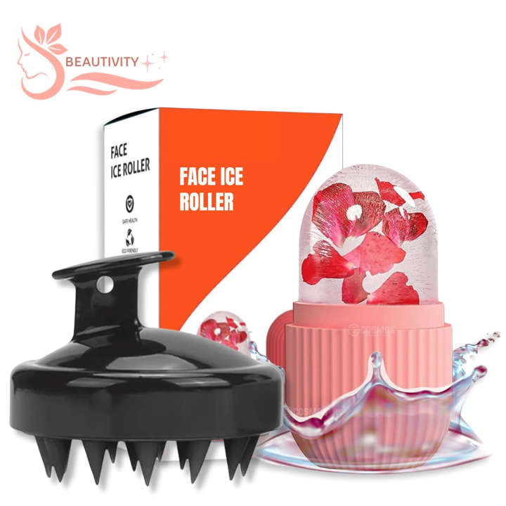 Scalp Massager & Ice Roller with Soft Silicon Bristles, Facial Ice Roller Cube for Eyes Random Design , Neck Massage, Dark Circle Removal, Pore Shrinking, Hair Growth Promotion Colour Random (Combo)