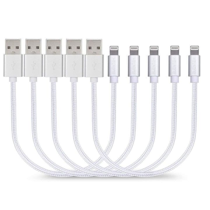 VOKOO Short Charging Cables [5 Pack 8 inches] BUENTEK Nylon Braided USB Cable Sturdy Charging Cord Compatibility with i OS System Device - Silver