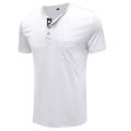 Men's Summer Henley Collar Tops, Solid Color Short-Sleeve Buttoned Decoration Slim T-shirt. 