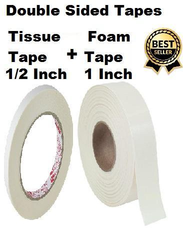 Pack of 2 - Super Strong Powerful Adhesive Double Sided Tissue Tape and Double Sided Foam Tape