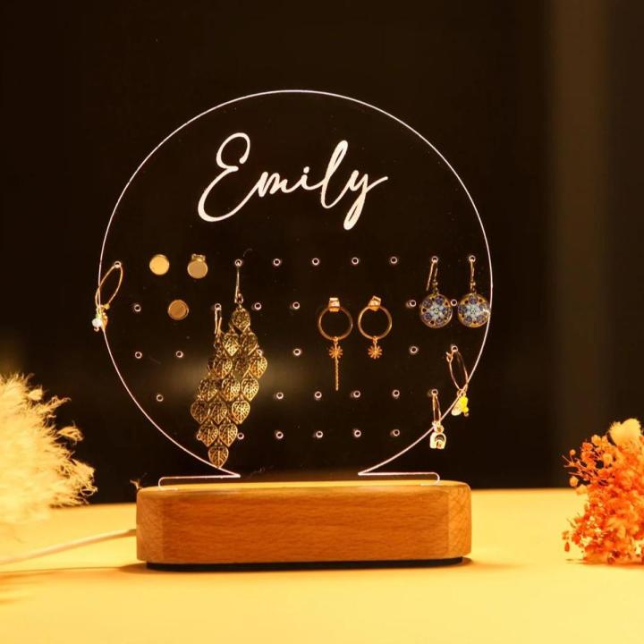 customized lamp with name & earrings stand perfect gift for wife, grils acrylic lamp with light