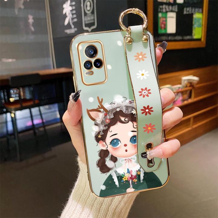 dienya For vivo v21e Case With Wristband New Design Phone Case For Girl Women Thin Pattern Fashion Cartoon Shockproof Plating Silicone Casing Full Cover SoftCase Protection Cases