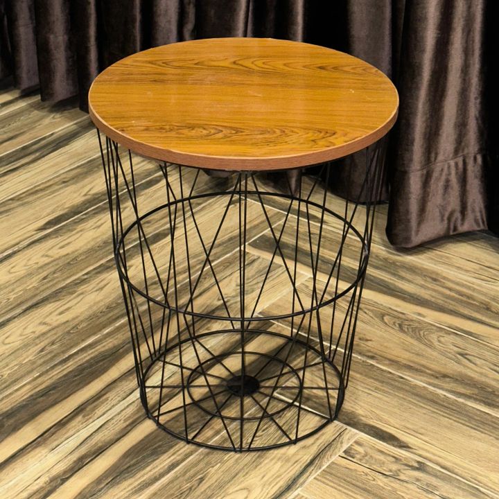 METAL%20WIRE%20REMOVABLE%20WOOD%20TOP%20FOLDABLE%20ROUND%20COFFEE%20SIDE%20TABLE%20STORAGE%20BASKET%20ONE%20PICE%20-%20Image%204