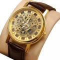 Gold Skeleton Watch Brown Leather Stylish Straps Watch For Boy/Man. 