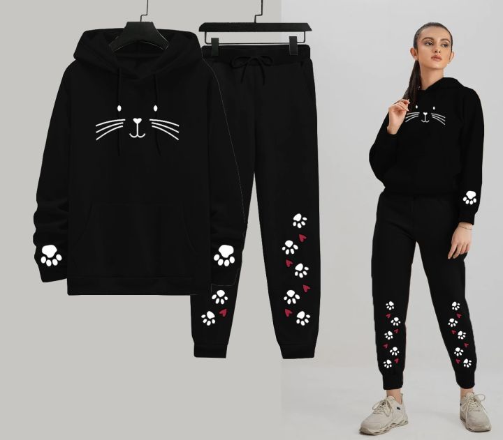 Winter Fleece Casual Meow Printed Hoodie and Trouser Set Track Suit for Girls and Women