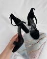Women Fashion 3 Inches Block Heels Sandals Luxurious Fairy Style Glamour  Embellished Chunky Faux Suede Comfortable and Stylish for Any Occasion for Summer Black. 