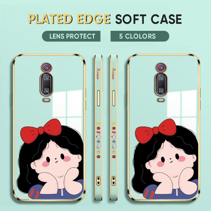 (Free Lanyard) Luxury 6D Plating Case for Redmi K20 Phone Cases Bow Girl Side Print Soft Silicone Square Back Cover