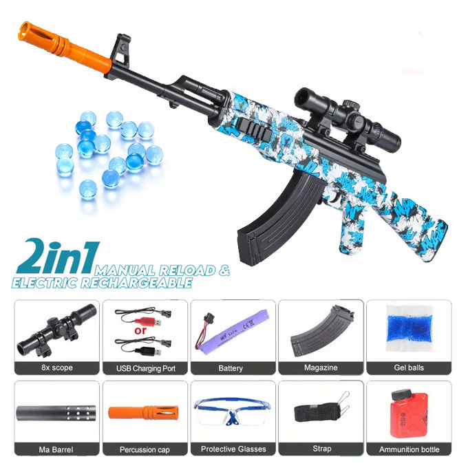 A-47 Gel Blaster Manual Reload & Automatic Electric Rechargeable - 2 in 1 Toygun With Goggles With 2 Types Barrel - Size Approx. 108 cm