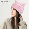 ECHIDNA Exquisite Weaving Beanie Cozy Striped Winter Beanie with Cute Kitty Ears Anti-slip Windproof less Than Adults Knitted Hat. 