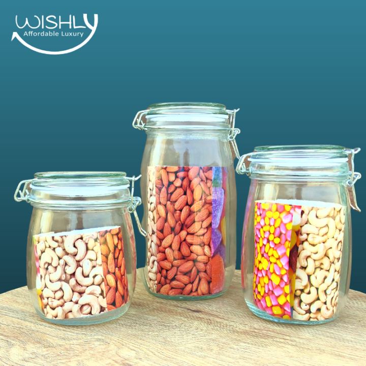 Wishly Airtight food storage Glass Jars/Containers Set with Clear vacuum Seal glass Lid with metal hook/clip lock - Kitchen & Dining Canisters for Serving Tea, Sugar, Coffee, Spice, Sugar, Candy, Nuts, Cookie, Rice etc.