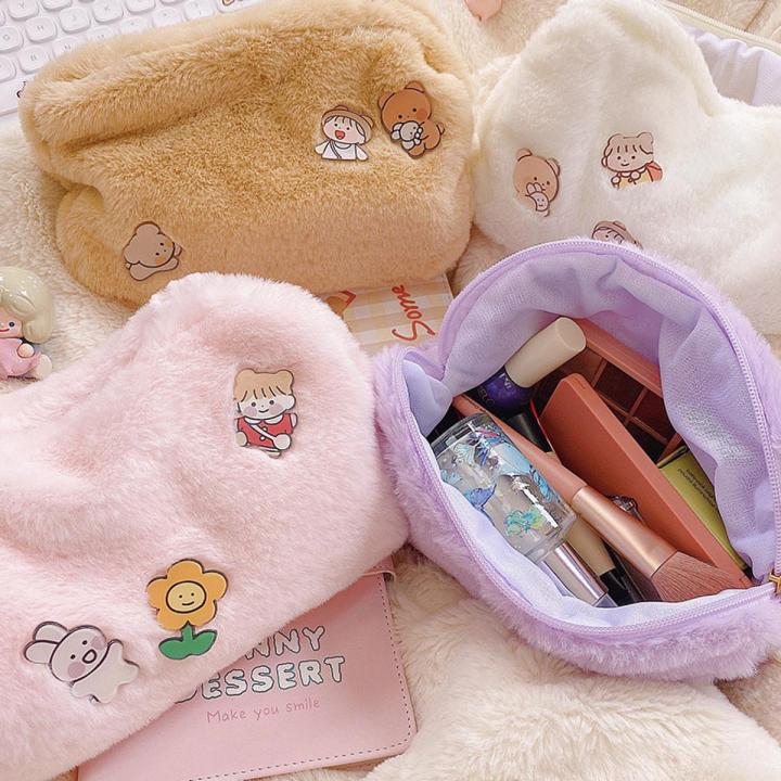 【Happier】 Plush Cosmetic Bag Korea Student School Pencil Case Girls Large Capacity Storage Bag Women Travel Makeup Pouch Holder Girls Gift