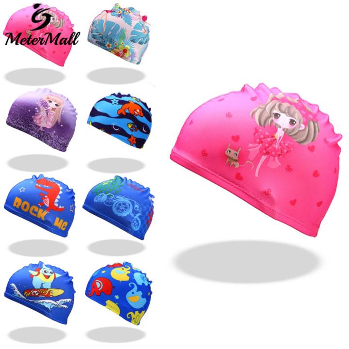 MeterMall Kids Cartoon Swimming Caps Digital Printing High Elastic Sports Swim Pool Hat Diving Hats For Boys Girls