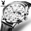 American Brand PLAYBOY Original Men's Watch Waterproof Leather strap Multifunctional Chronograph Anniversary Gift for Men  Calendar Luminous. 