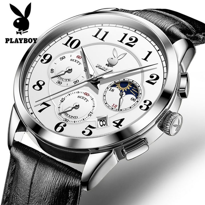 American Brand PLAYBOY Original Men's Watch Waterproof Leather strap Multifunctional Chronograph Anniversary Gift for Men  Calendar Luminous