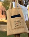 Golden Tote Bag - Cat Embroidery  Hand Made Women's Bag for Laptop & Books with large capacity   Shoulder Bag , laptop bag, University bag , Female handbag , Shopping bag with pocket inside and Front side  Special for college ,university & office. 