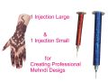 2 Injection and 2 pin for creating mehndi designs. One Small injection and one Large injection.. 