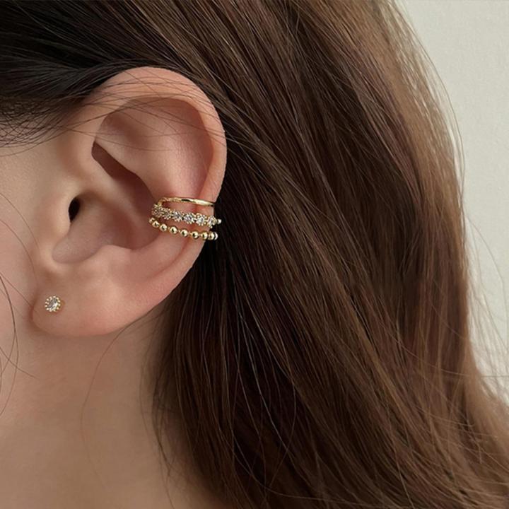 Double Layer Pearl Clip Earrings for Women Rhinestones Zircon Chain Ear Cuff No Piercing Earring Clips Korean Style Female Jewelry Gifts