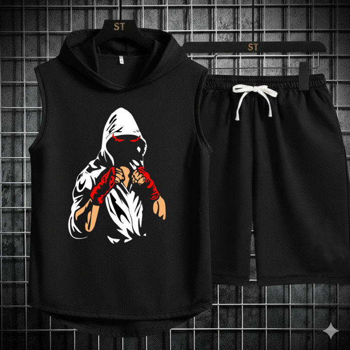 5%20%C3%9A%20Black%20Vinyl%20Dumble%20Printed%20Gym%20Summer%20Hooded%20Sleeveless%20Tracksuit%20for%20Mens%20(Hooded%20Tshirt%20+%20Trouser%20)%20-%20Image%205