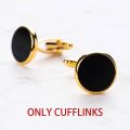 【happy one】Luxury Gold Tuxedo Cufflinks and Studs Set Black Enamel Design Button For Mens Suit French Shirt Business Gift. 