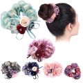 Ameesi Bun Hair Ring Flower Decor Rhinestone Ribbons Sweet Bun Hair Ring. 