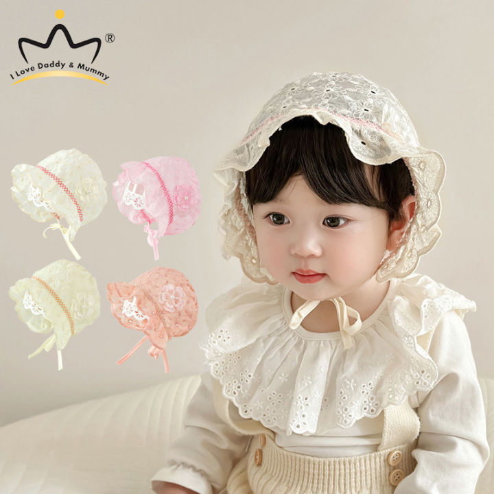 Lace Ruffle Baby Hat Cute Flower Infant Girl Princess Cap Solid Color Mesh Newborn Bonnet Summer Kids Lace-up Sun Hats