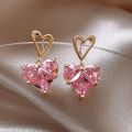 【HOT】 Temperament Women Jewelry Earrings Lovely Pink Zircon Heart Earrings Personality Women Stainless Steel Earrings Charming Jewelry. 