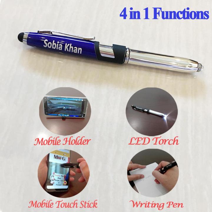 Customize Name Pen With Stylus, Torch & Mobile Holder