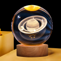 3D Laser Engraved Crystal Ball LED Night Light with Wooden Base - Solar System and Galaxy Design, USB Powered, 6/8 cm Ornament. 