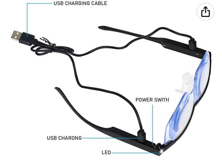InstaOrder - Lighted Magnifying Glass Set, 200% Magnifying Glasses with LED Light USB Rechargeable, Regular Magnifying Eyeglass, Hands Free for Close Work
