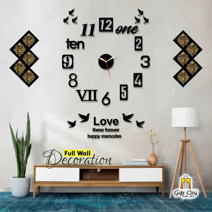 Gift City Presents Special Wooden Wall Clock for Bedroom / 12 Foil Kitchen Tile Stickers / Love these forever happy memories for Home and Offices, DIY Self Adhesive