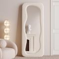 Irregular Wavy Full-Length Mirror - 63"x24" Wave Arched Floor Mirror with Flannel-Wrapped Wooden Frame (White). 