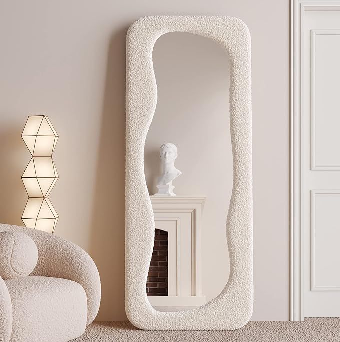 Irregular Wavy Full-Length Mirror - 63"x24" Wave Arched Floor Mirror with Flannel-Wrapped Wooden Frame (White)
