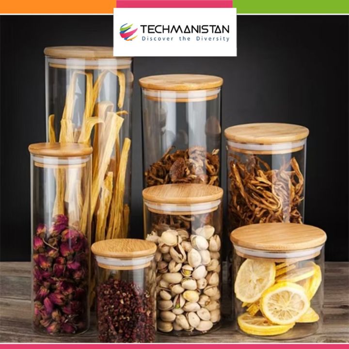Set of 3 - Round Glass Kitchen Jars With Wooden Bamboo Lids For Spice ...